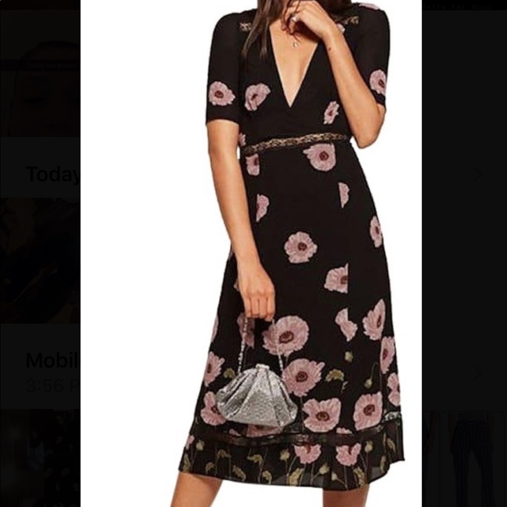 black and pink flower reformation dress